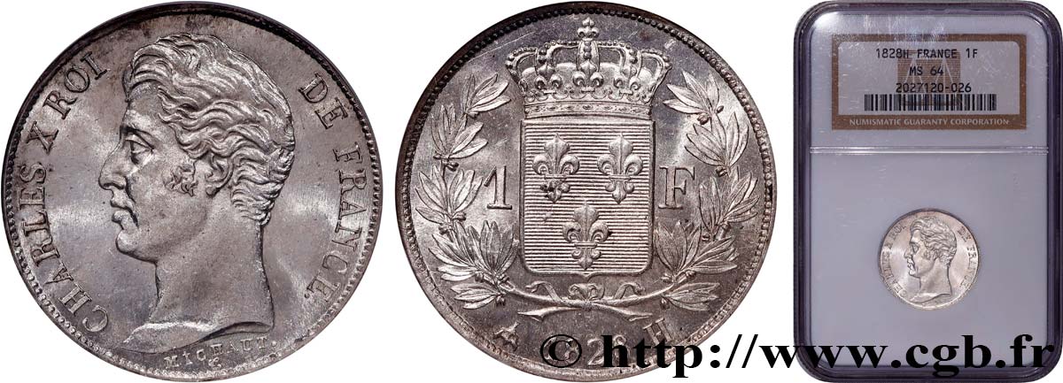 1 franc Charles X, matrice du revers à cinq feuilles 1828 La Rochelle F.207/41 MS64 NGC