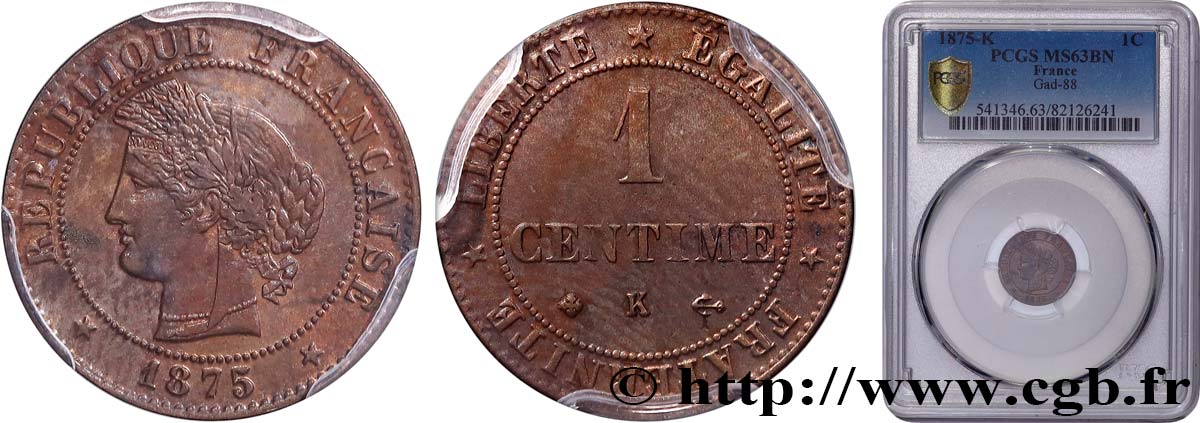 1 centime Cérès 1875 Bordeaux F.104/5 MS63 PCGS