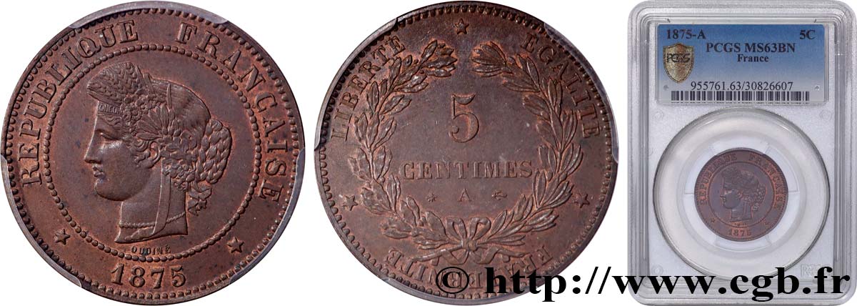 5 centimes Cérès 1875 Paris F.118/11 SPL63 PCGS