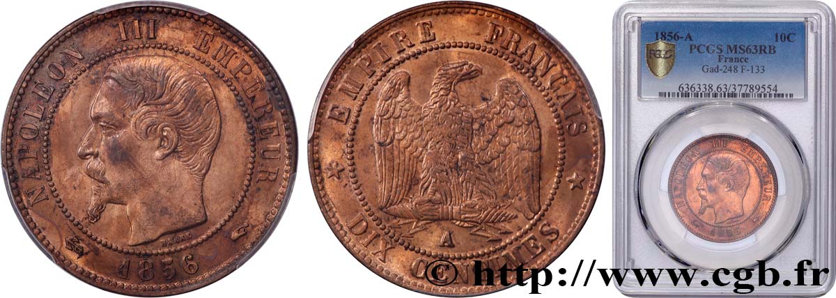 Dix centimes Napoléon III, tête nue 1856 Paris F.133/34 SC63 PCGS