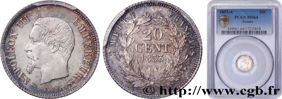 20 centimes Napoléon III, tête nue 1853 Paris F.148/1 SPL64 PCGS