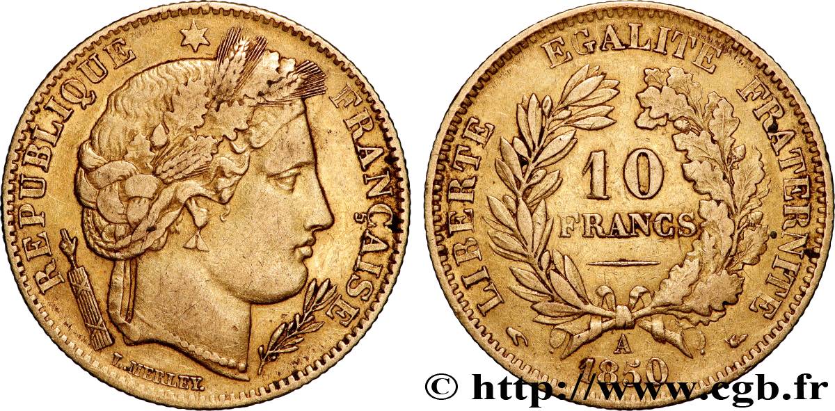 10 francs or Cérès, IIe République, levrette oreille haute 1850 Paris F.504/1 TB+ 