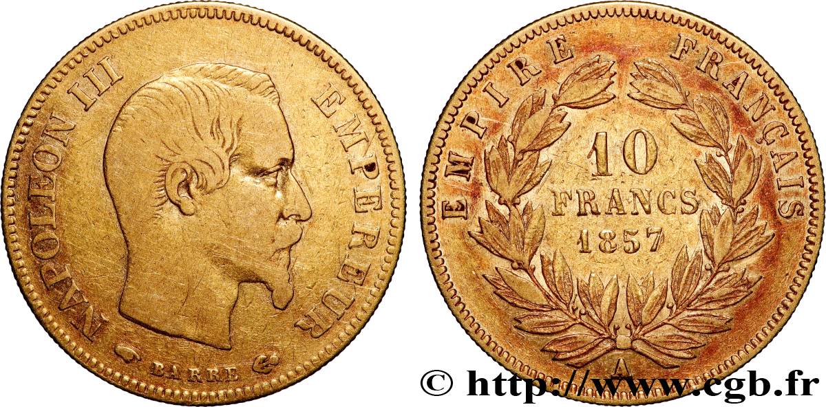 10 francs or Napoléon III, tête nue 1857 Paris F.506/4 TB 