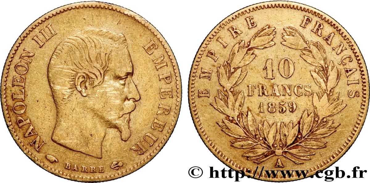 10 francs or Napoléon III, tête nue 1859 Paris F.506/7 S 