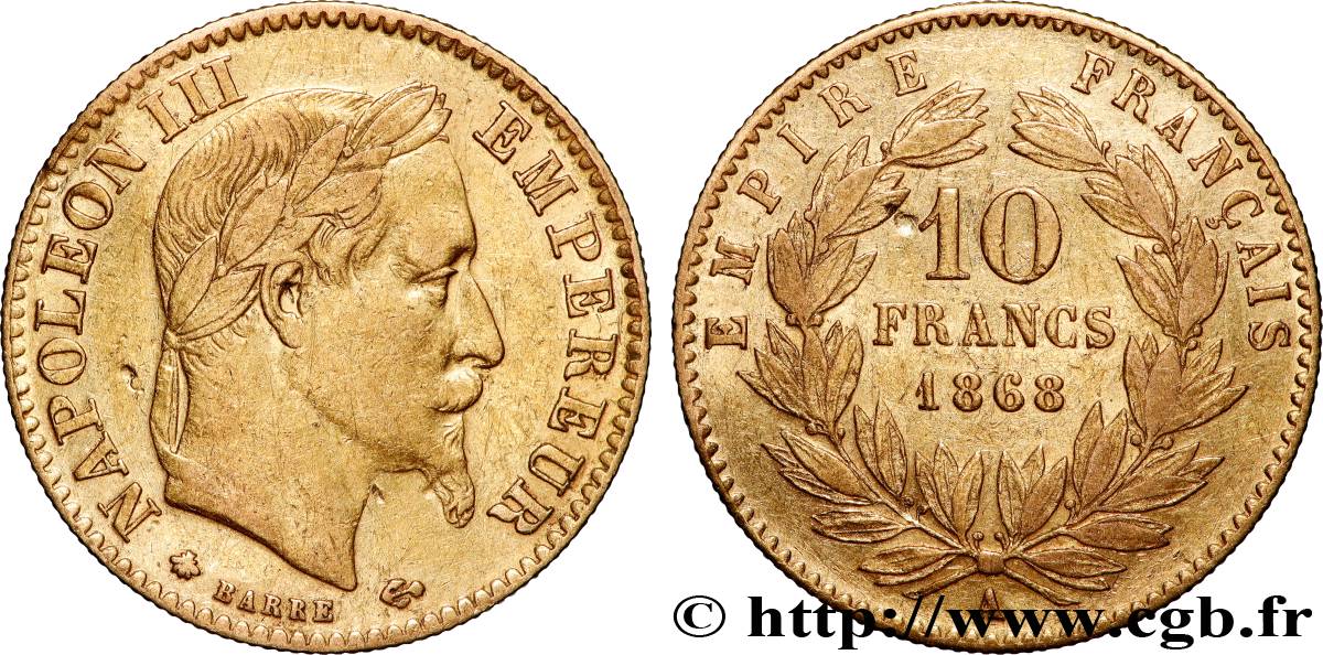 10 francs or Napoléon III, tête laurée 1868 Paris F.507A/17 S 
