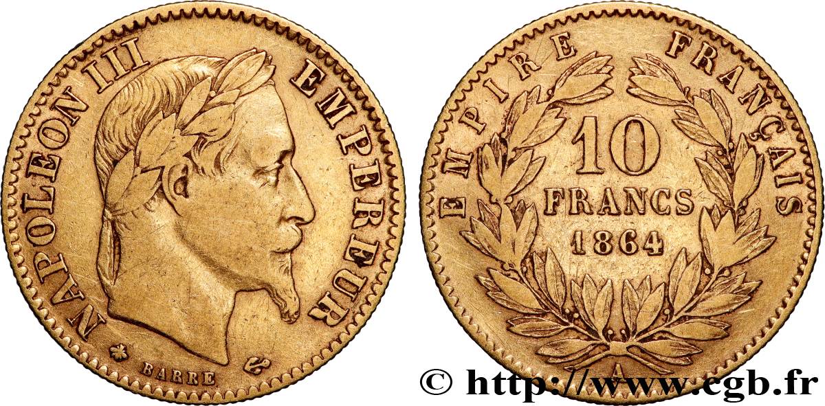 10 francs or Napoléon III, tête laurée, type définitif à grand 10 1864 Paris F.507A/6 TB 