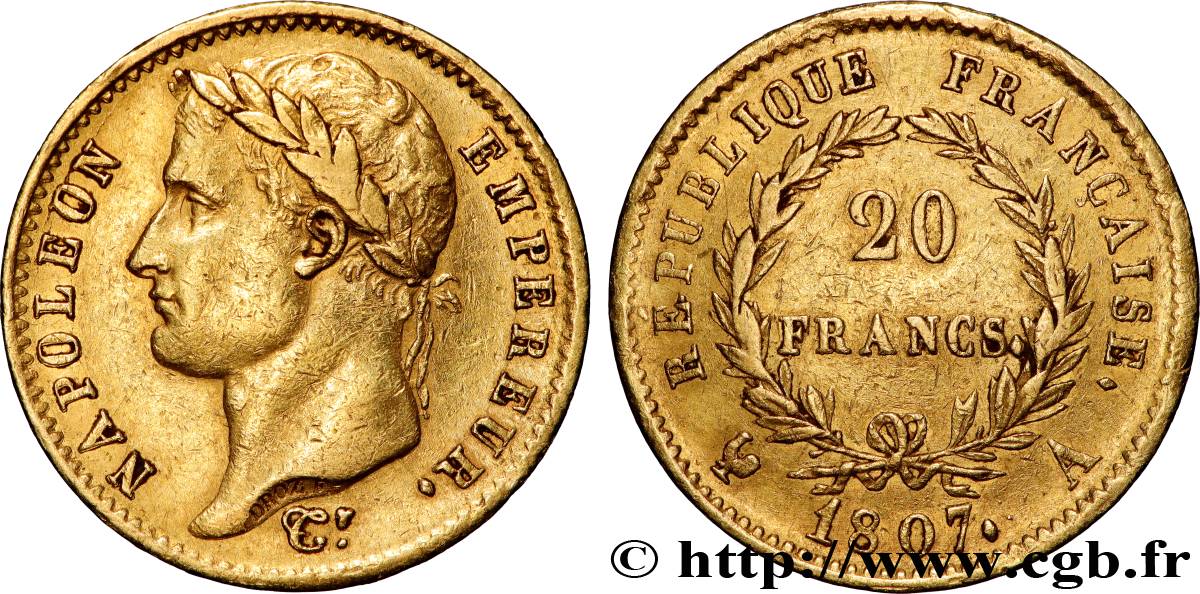 20 francs or Napoléon tête laurée, République française 1807 Paris F.515/1 TTB 