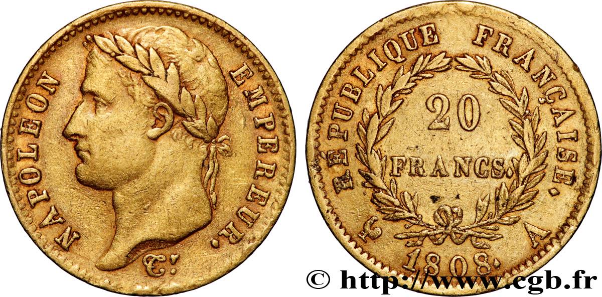 20 francs or Napoléon tête laurée, République française 1808 Paris F.515/2 TTB 