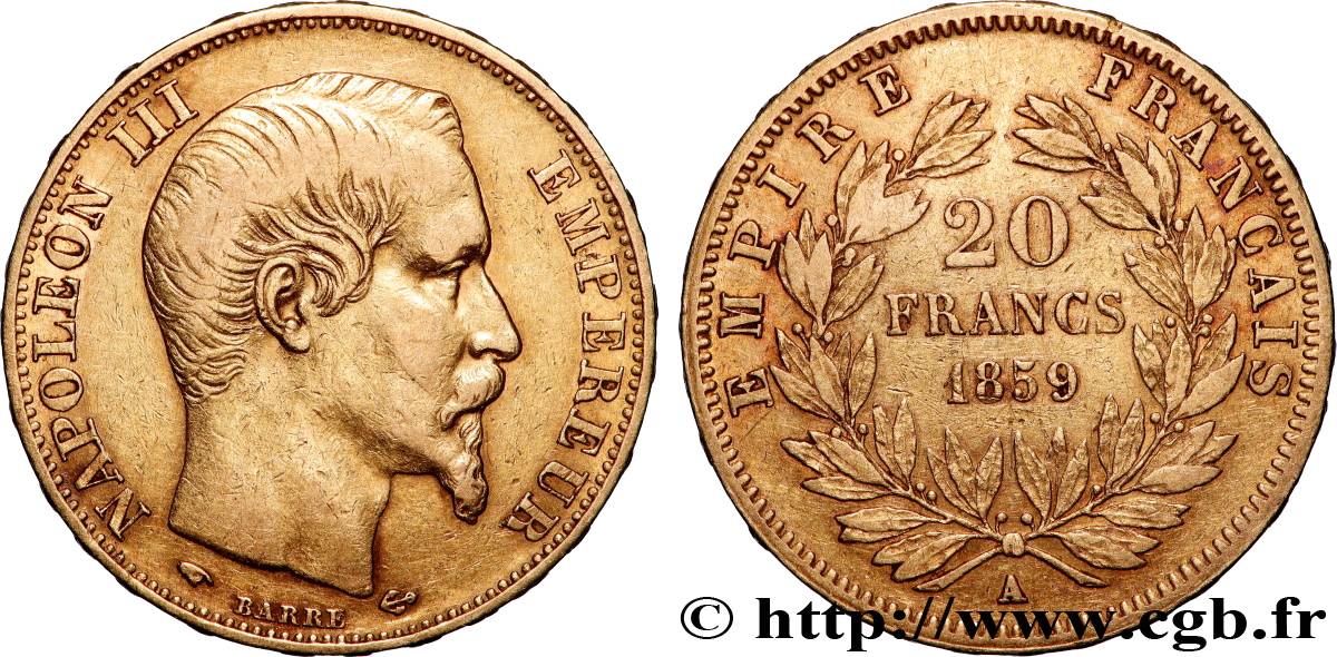 20 francs or Napoléon III, tête nue 1859 Paris F.531/15 VF 