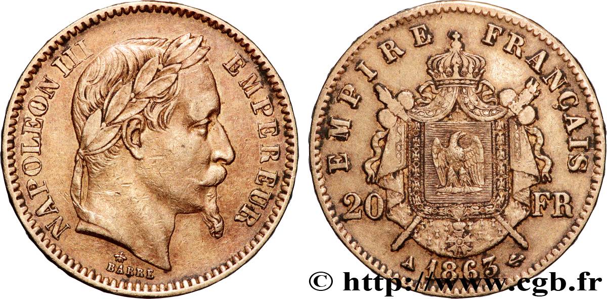 20 francs or Napoléon III, tête laurée 1863 Paris F.532/6 MB 