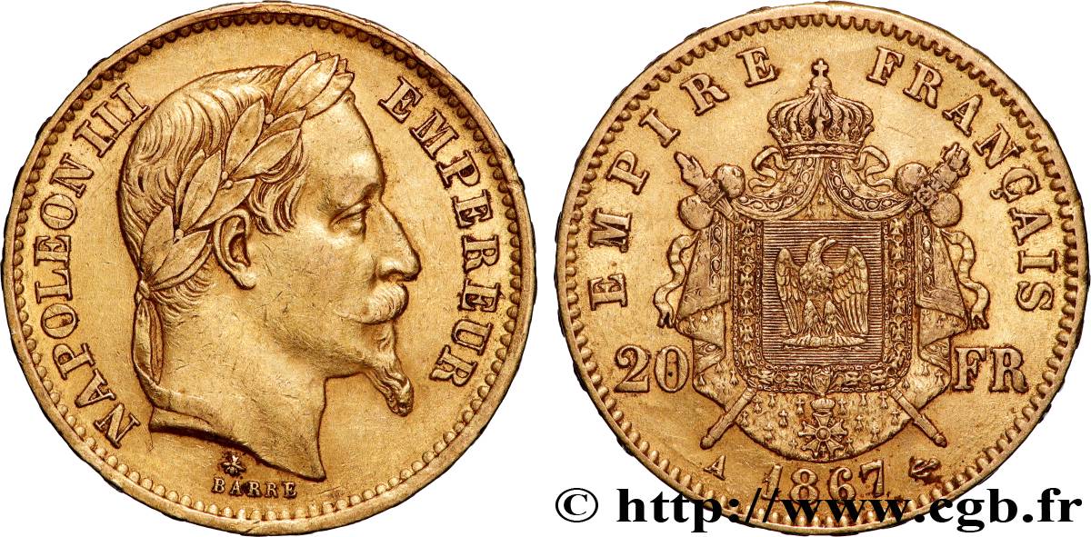 20 francs or Napoléon III, tête laurée 1867 Paris F.532/15 TTB 