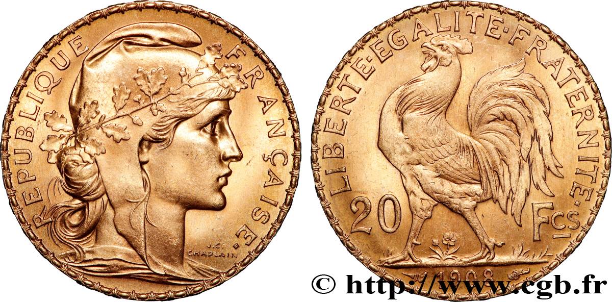 20 francs or Coq, Liberté Égalité Fraternité 1908 Paris F.535/2 MS 