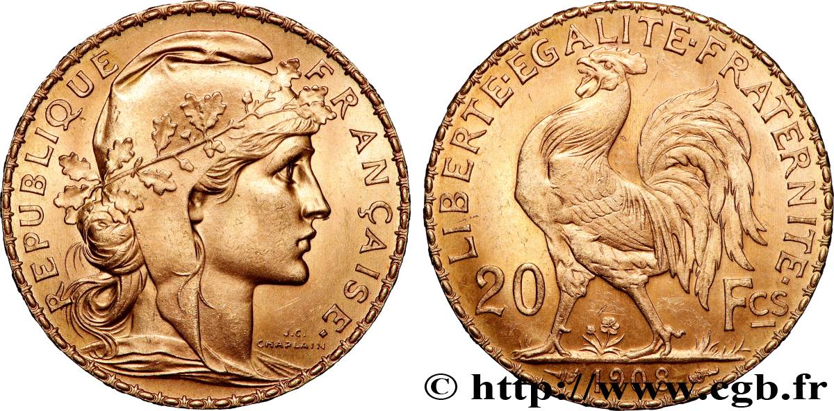 20 francs or Coq, Liberté Égalité Fraternité 1908 Paris F.535/2 MS 