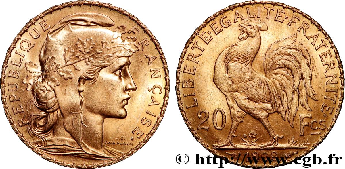 20 francs or Coq, Liberté Égalité Fraternité 1908 Paris F.535/2 MS 