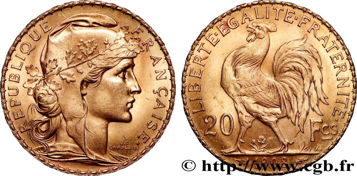 20 francs or Coq, Liberté Égalité Fraternité 1908 Paris F.535/2 MS 