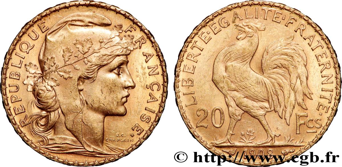 20 francs or Coq, Liberté Égalité Fraternité 1908 Paris F.535/2 q.SPL 