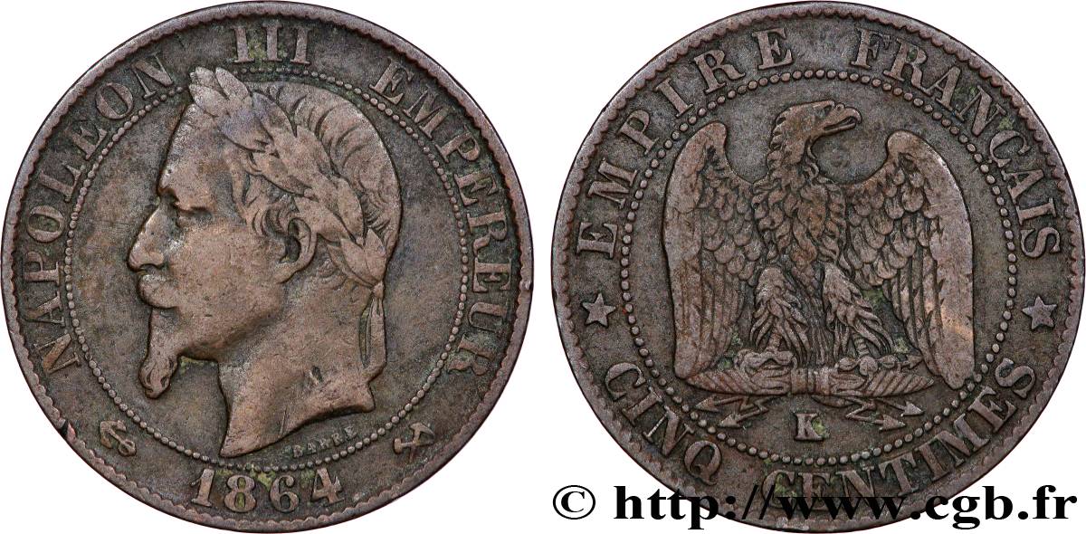 Cinq centimes Napoléon III, tête laurée 1864 Bordeaux F.117/15 TB 