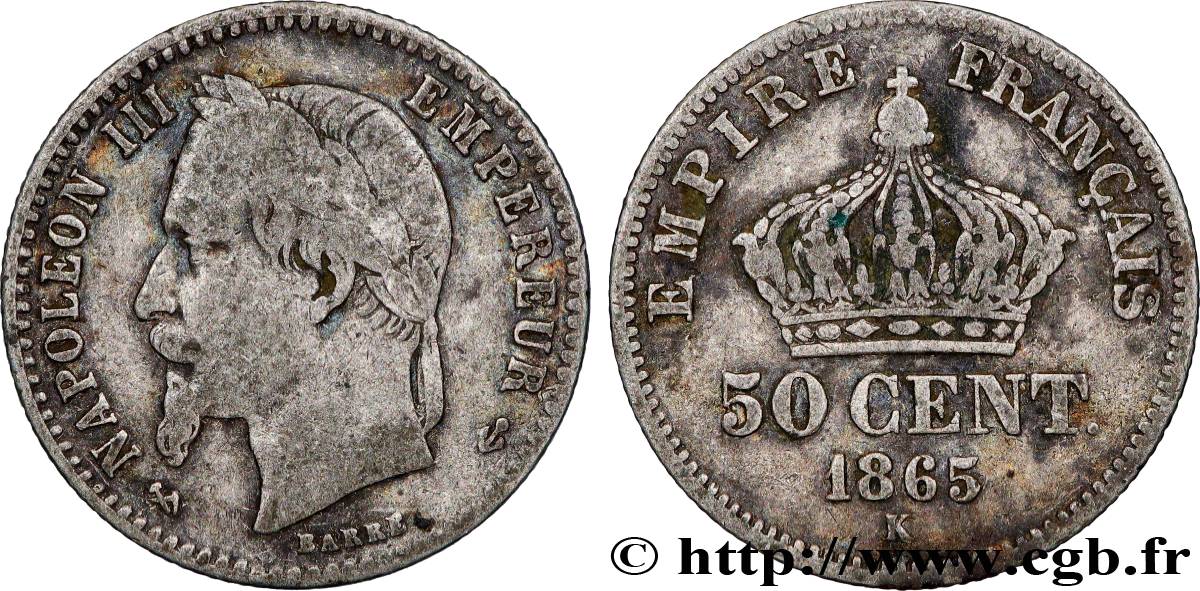 50 centimes Napoléon III, tête laurée 1865 Bordeaux F.188/8 VF 