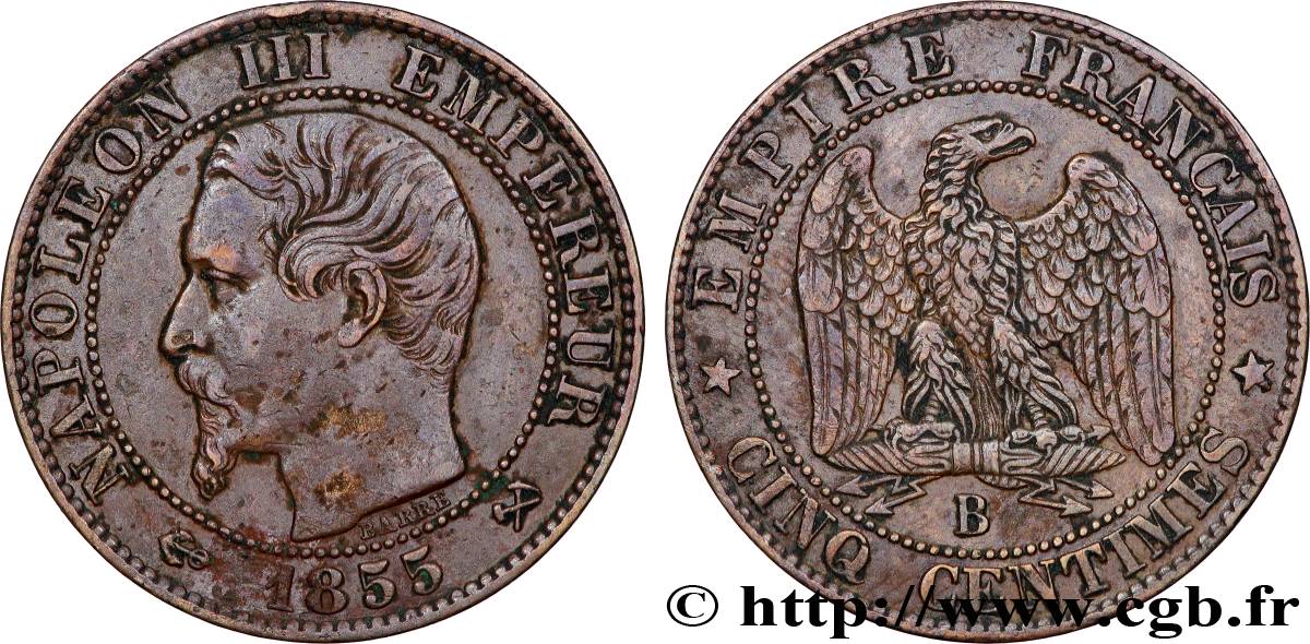 Cinq centimes Napoléon III, tête nue 1855 Rouen F.116/19 TTB 