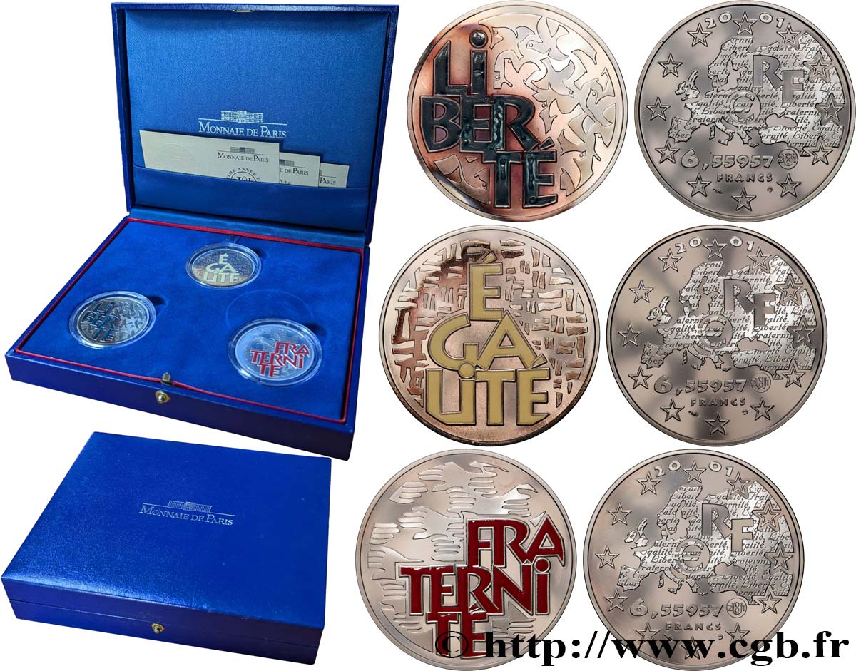 Coffret Belle Épreuve 6,55957 francs - Devise de la République Française 2001  F5.1258/1259/1260 1 FDC 