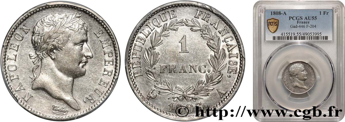 1 franc Napoléon Ier tête laurée, République française 1808 Paris F.204/2 SUP55 PCGS