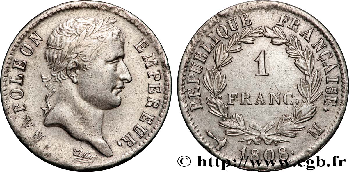 1 franc Napoléon Ier tête laurée, République française 1808 Toulouse F.204/10 AU 