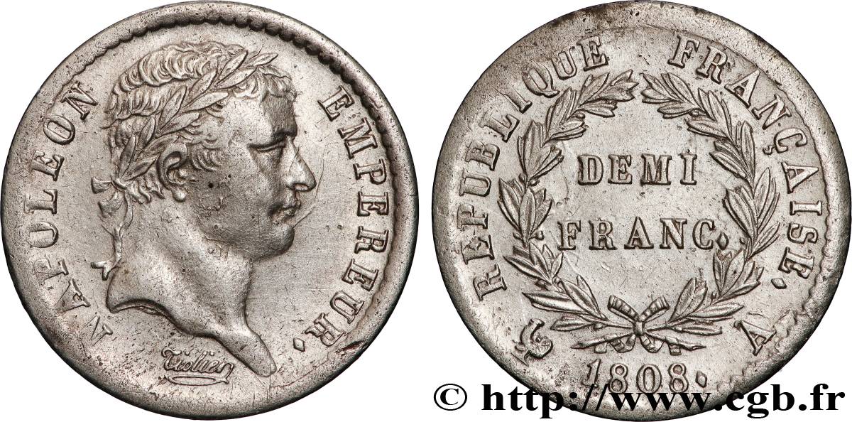 Demi-franc Napoléon Ier tête laurée, République française 1808 Paris F.177/2 TTB+ 