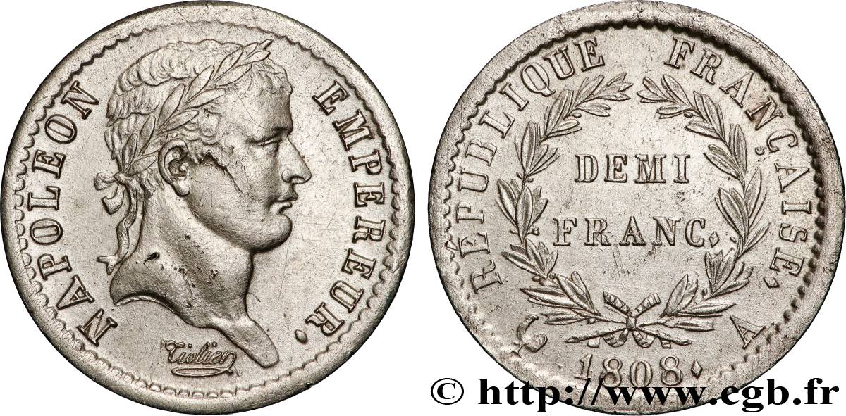 Demi-franc Napoléon Ier tête laurée, République française 1808 Paris F.177/2 AU 