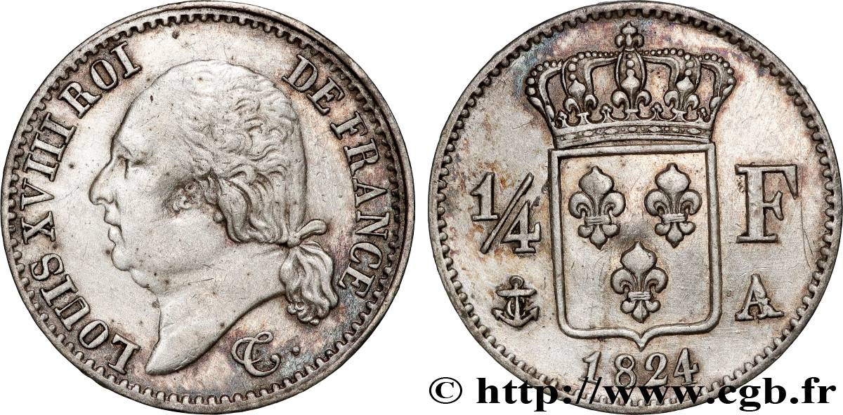 1/4 franc Louis XVIII  1824 Paris F.163/31 TTB+ 