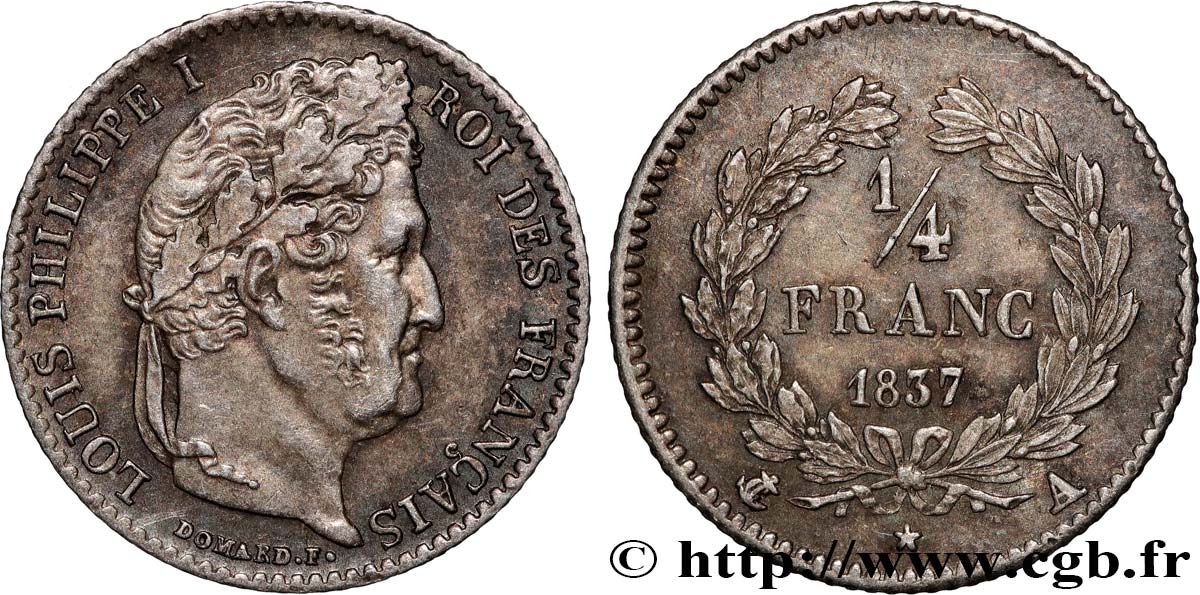 1/4 franc Louis-Philippe 1837 Paris F.166/63 AU55 