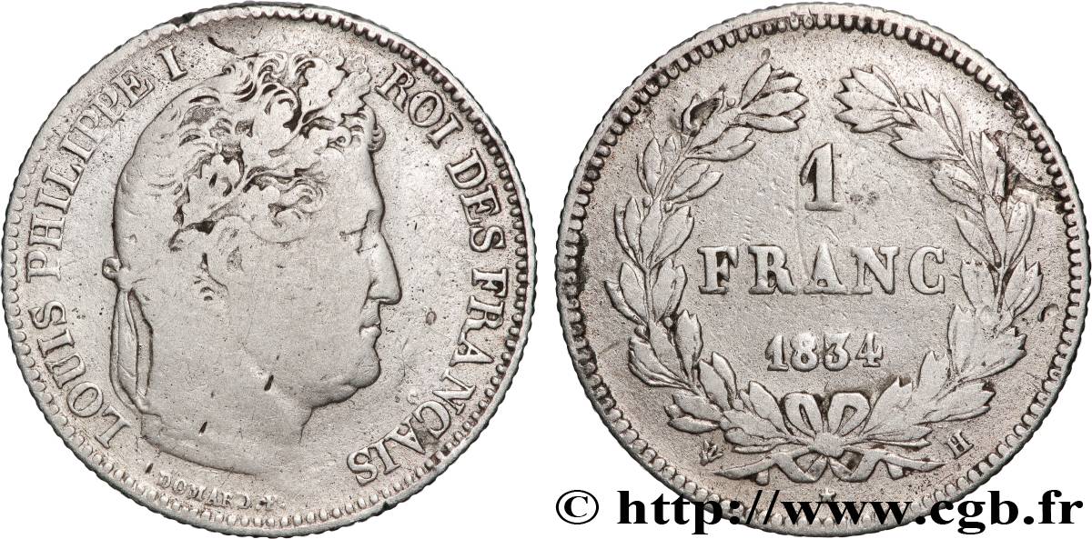 1 franc Louis-Philippe, couronne de chêne 1834 La Rochelle F.210/31 TB15 