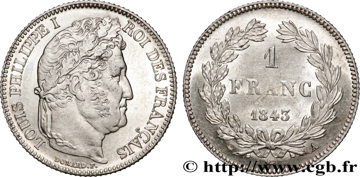 1 franc Louis-Philippe, couronne de chêne 1843 Paris F.210/90 SUP60 