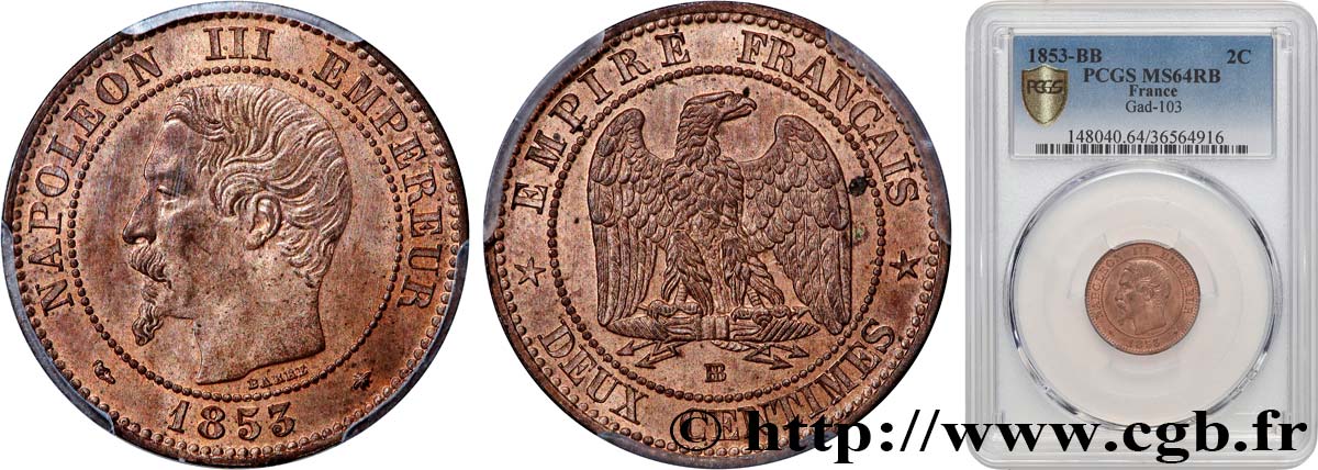 Deux centimes Napoléon III, tête nue 1853 Strasbourg F.107/3 SC64 PCGS