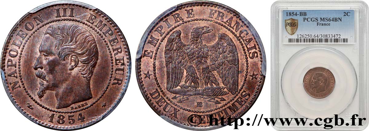 Deux centimes Napoléon III, tête nue 1854 Strasbourg F.107/11 SPL64 PCGS