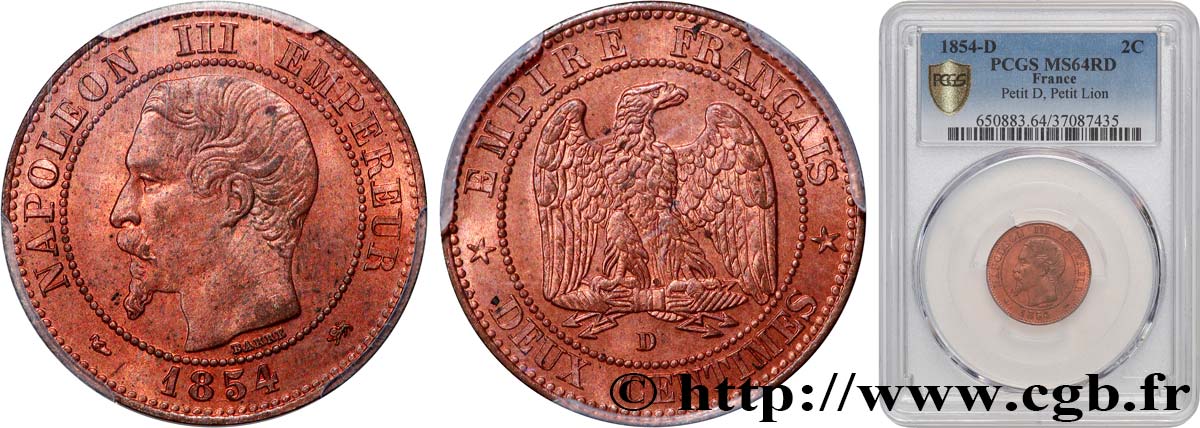 Deux centimes Napoléon III, tête nue 1854 Lyon F.107/15 SPL64 PCGS