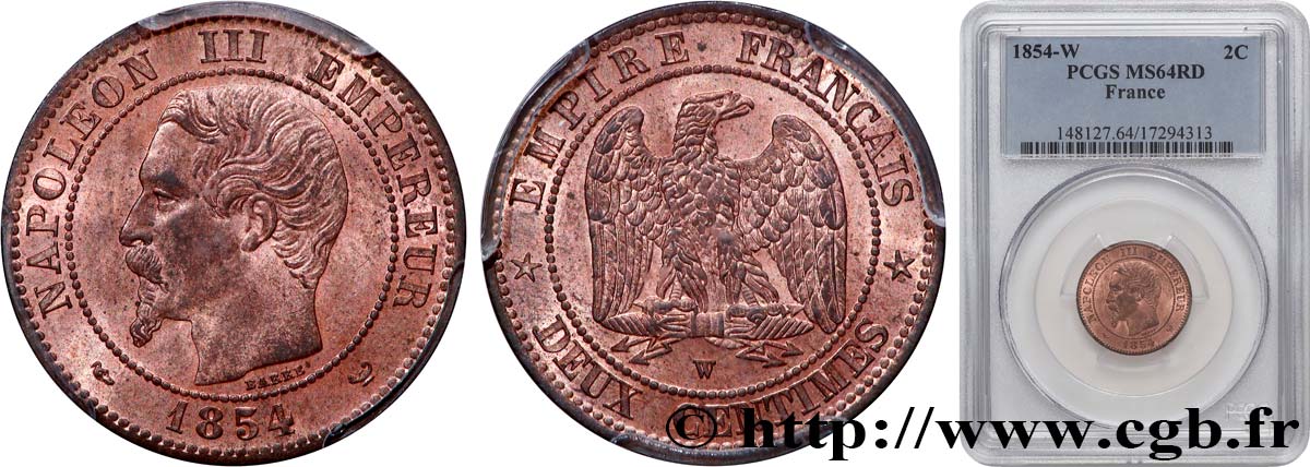 Deux centimes Napoléon III, tête nue 1854 Lille F.107/18 MS64 PCGS