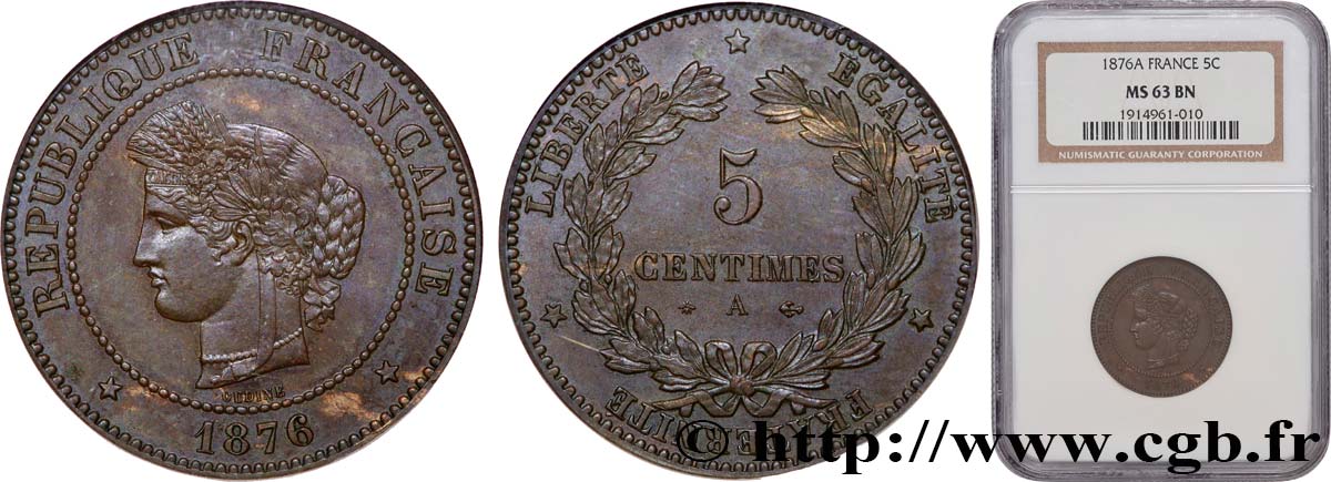 5 centimes Cérès 1876 Paris F.118/13 SPL63 NGC