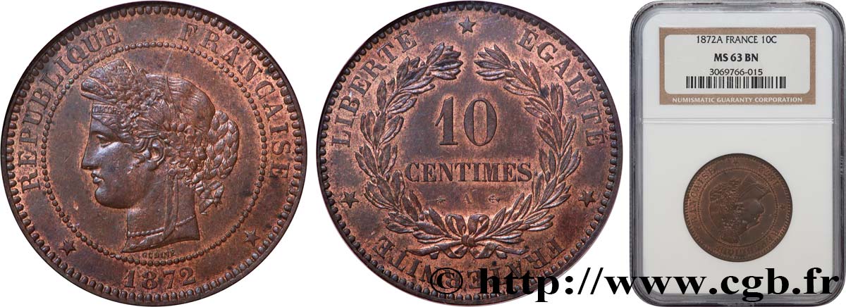 10 centimes Cérès 1872 Paris F.135/8 SPL63 NGC