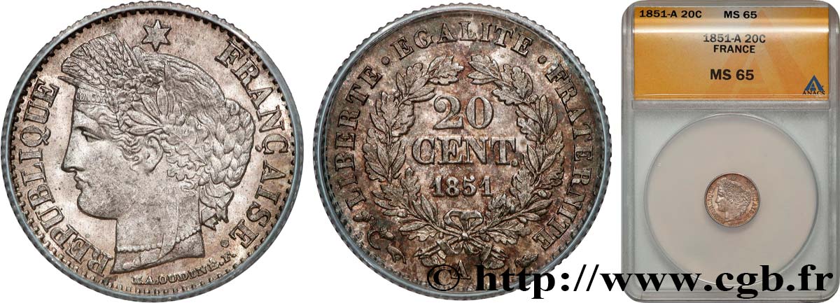 20 centimes Cérès, IIe République 1851 Paris F.146/7 MS65 ANACS