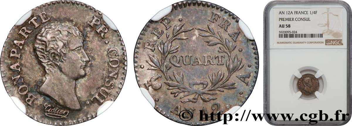 Quart (de franc) Bonaparte Premier Consul 1804 Paris F.157/1 AU58 NGC