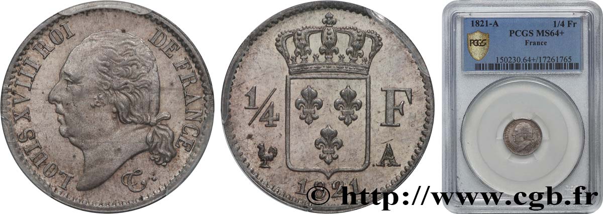 1/4 franc Louis XVIII 1821 Paris F.163/20 SPL64 PCGS