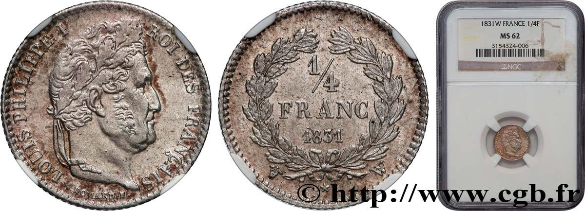 1/4 franc Louis-Philippe 1831 Lille F.166/11 MS62 NGC