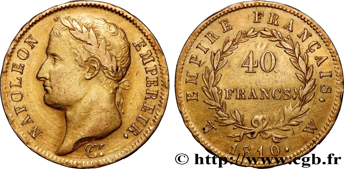 40 francs or Napoléon tête laurée, Empire français 1810 Lille F.541/5 XF 