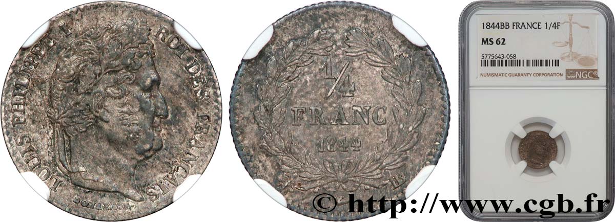 1/4 franc Louis-Philippe 1844 Strasbourg F.166/99 SUP62 NGC