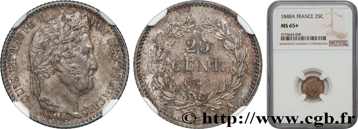 25 centimes Louis-Philippe 1848 Paris F.167/12 FDC65 NGC