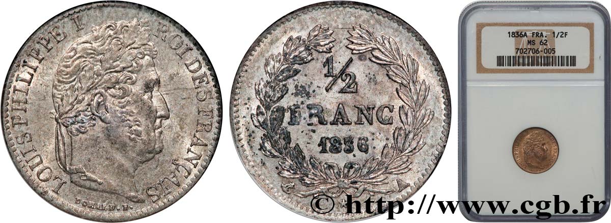 1/2 franc Louis-Philippe 1836 Paris F.182/62 MS62 NGC