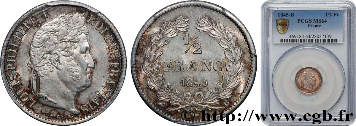 1/2 franc Louis-Philippe 1845 Rouen F.182/109 MS64 PCGS