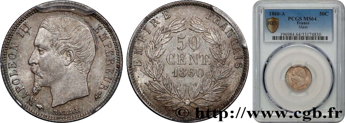 50 centimes Napoléon III, tête nue 1860 Paris F.187/13 MS64 PCGS