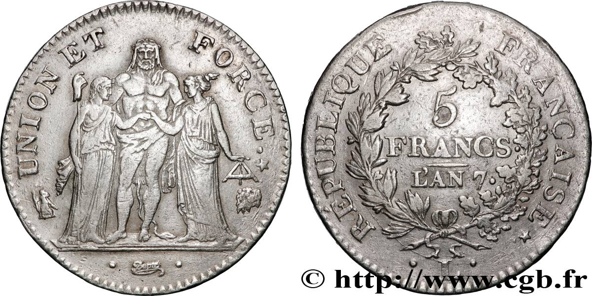 5 francs Union et Force, Union desserré, seulement gland extérieur 1799 Bayonne F.291/27 fSS 