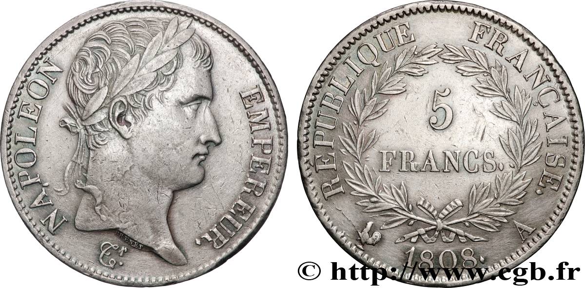 5 francs Napoléon Empereur, République française 1808 Paris F.306/2 fVZ 